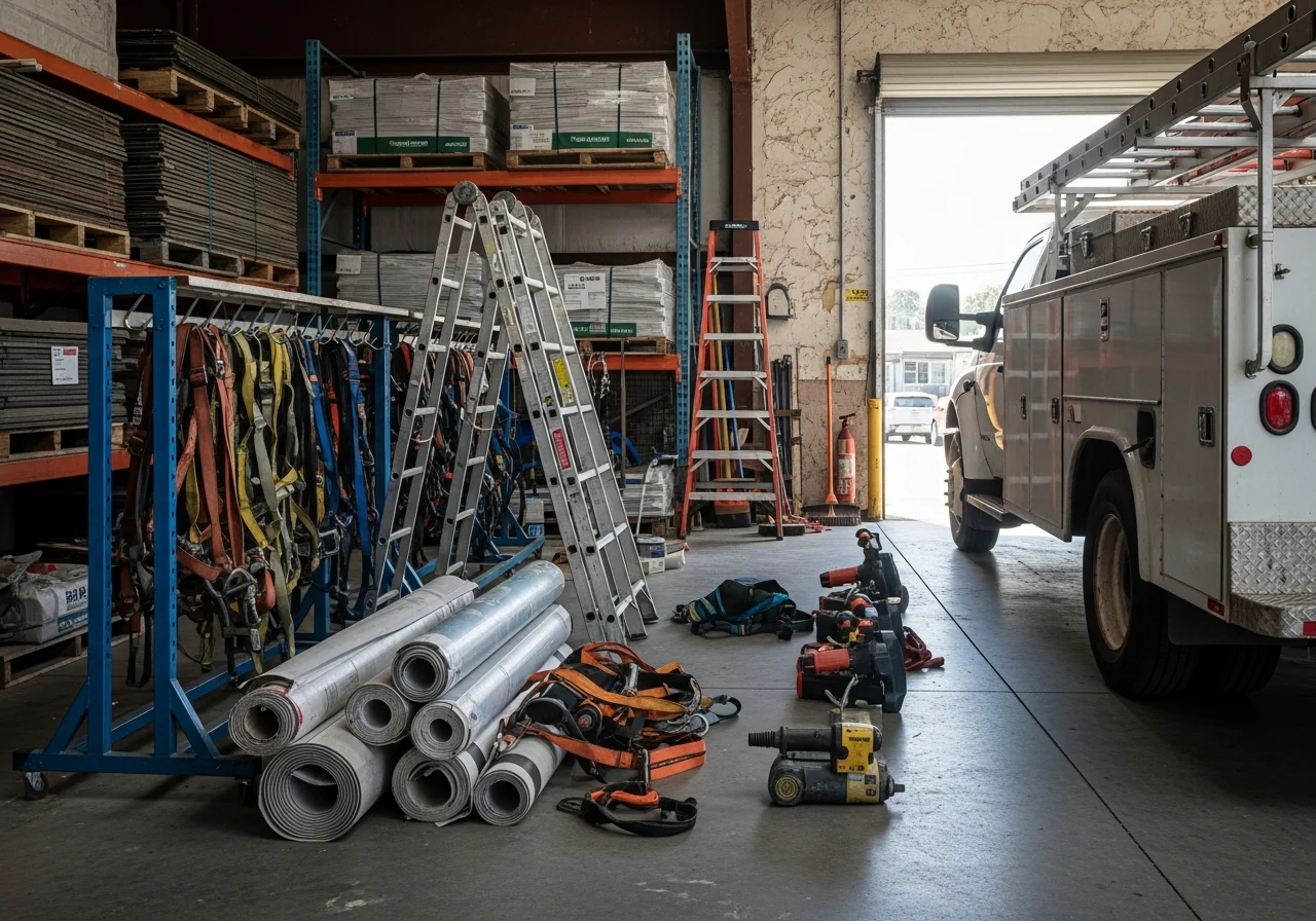 Construction crew with tools and equipment ready for roofing and general contracting work on residential or commercial projects.