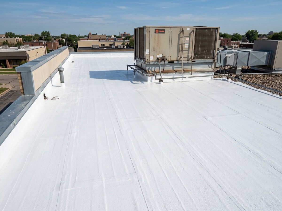 Roofing crew applying a flat roof coating during a repair job in Chula Vista, CA