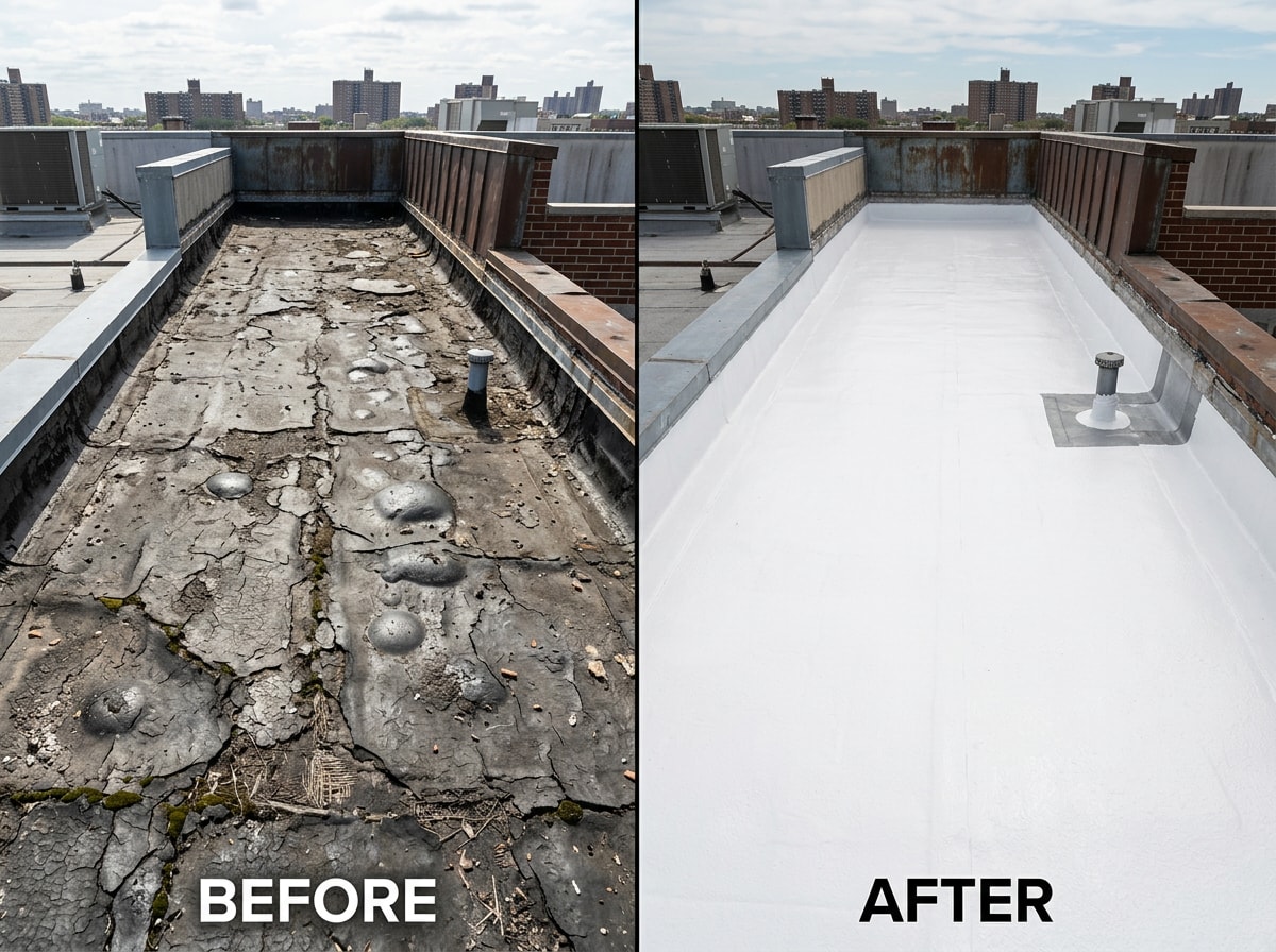 Before and after photo of a flat roof repair crew completing a patch and coating job