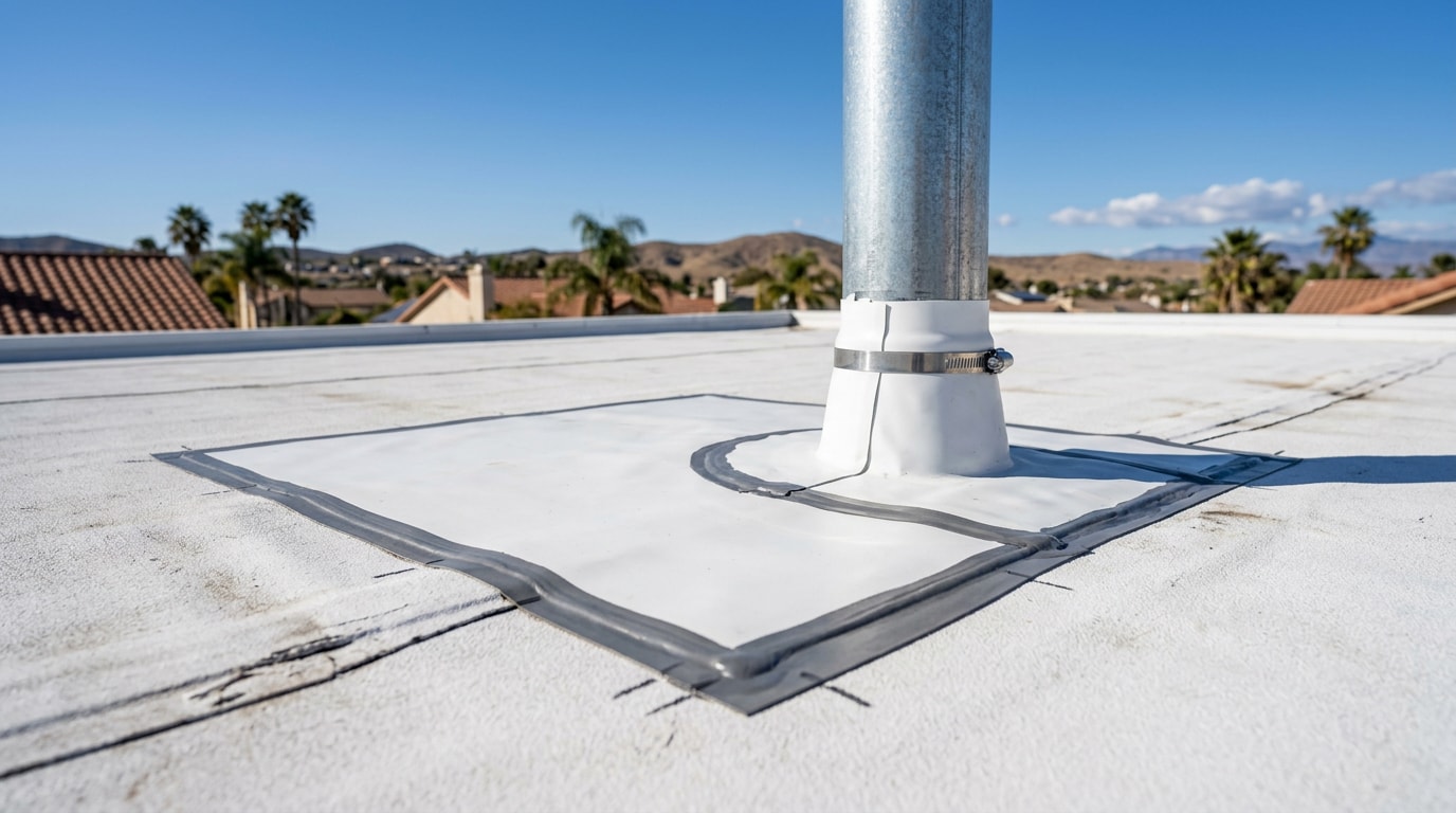 Finished flat roof repair with sealed TPO membrane patch and new flashing in Chula Vista, CA