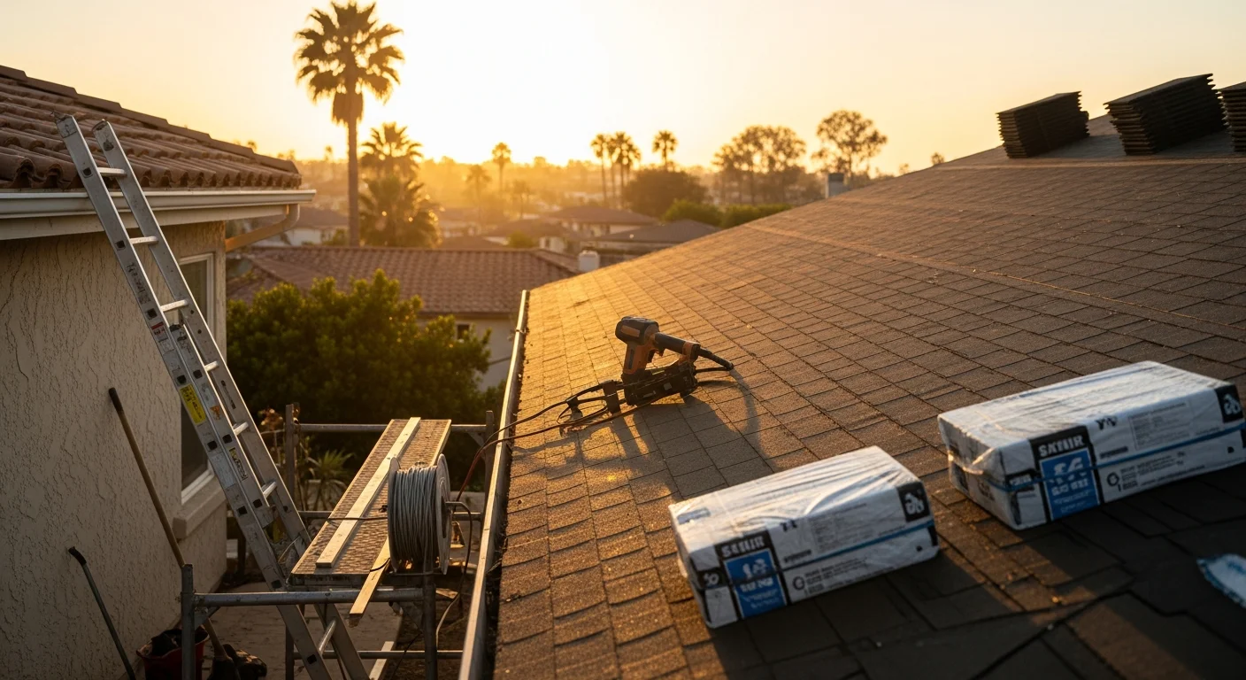 Professional roofer installing residential roof shingles on San Diego home