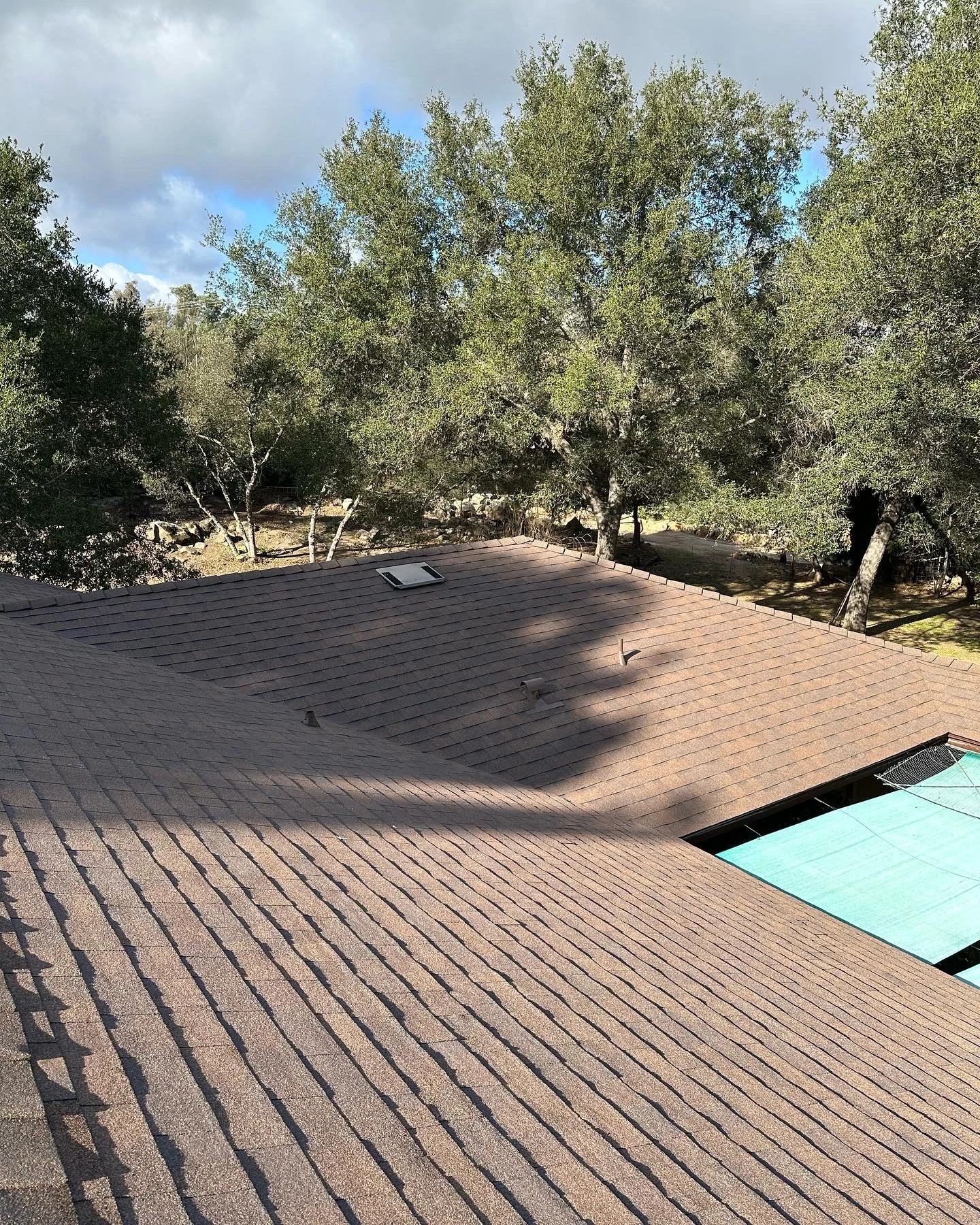 New brown architectural shingle roof installed on residential home surrounded by oak trees