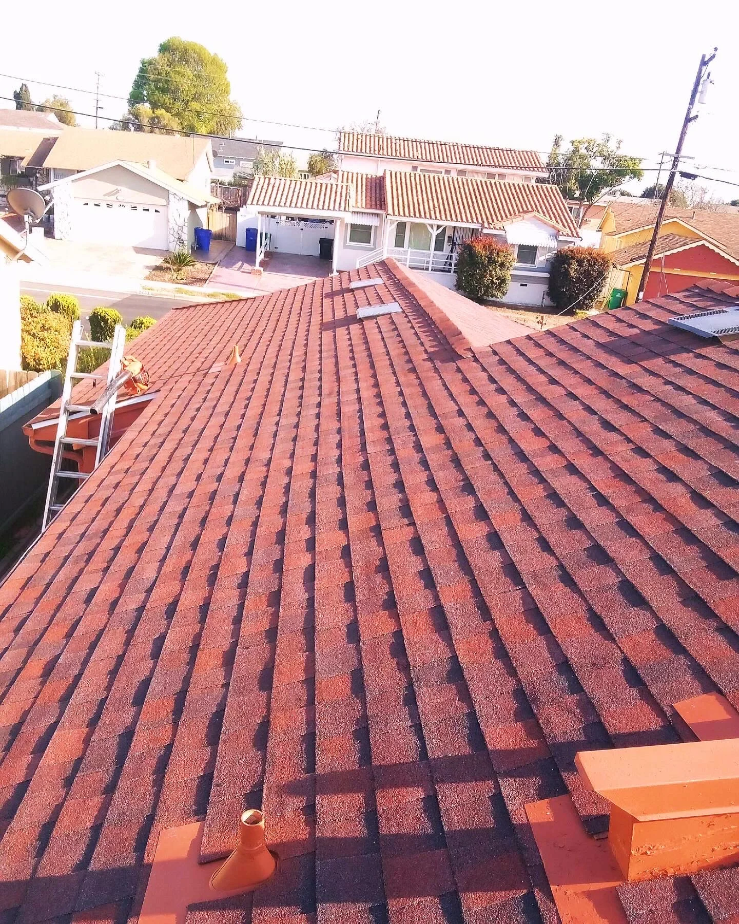 Newly installed red asphalt shingle roof with black accent stripes on residential home