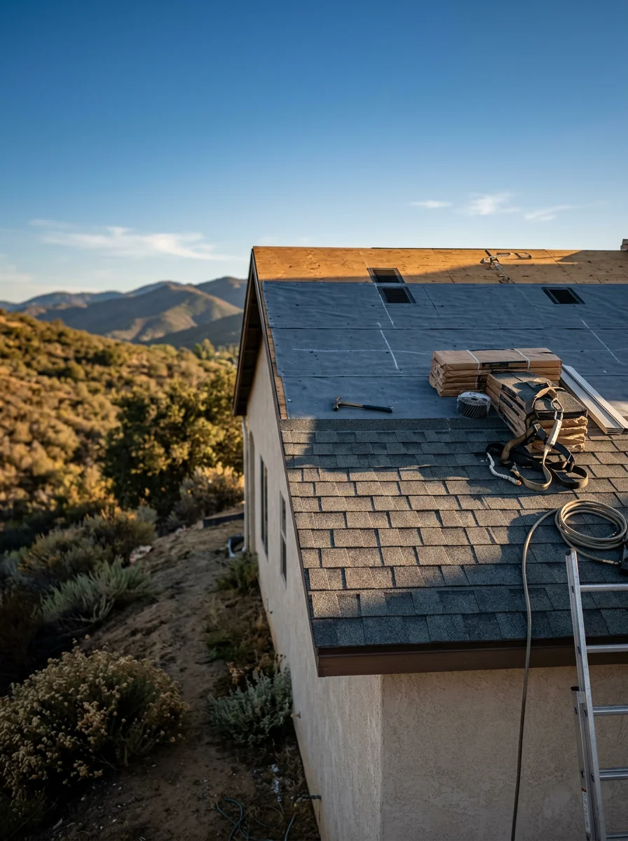 Residential roofing installation on Bonsall home with mountain views and clear California sky