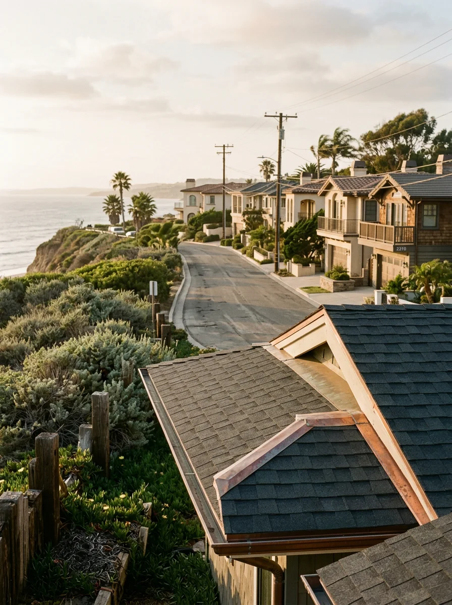 Cardiff State Beach with surfers and white sand, showing the iconic coastal landscape and bluff-top homes of Cardiff-by-the-Sea