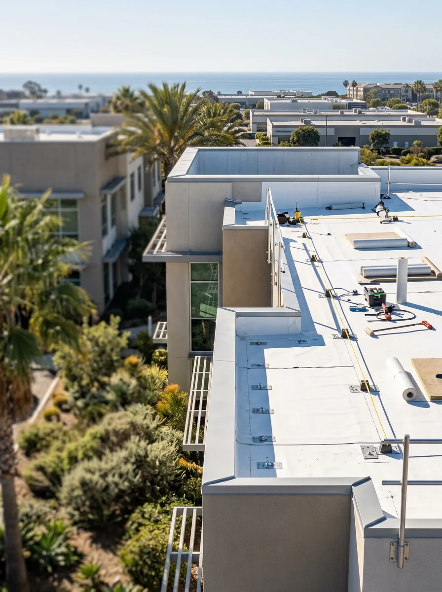 Professional roofing contractor installing TPO or metal roofing system on a Carlsbad commercial building with ocean backdrop