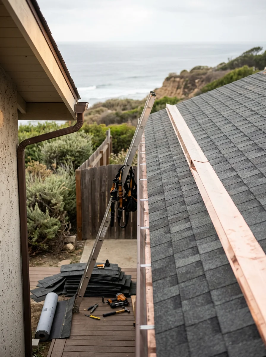 Professional roofing installation on beachfront property in Encinitas with Pacific Ocean visible in background