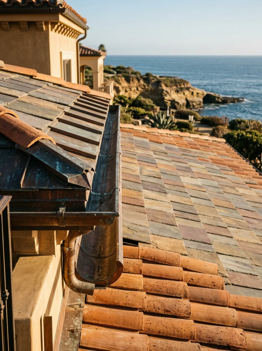 Close-up of high-end residential roofing on a La Jolla home overlooking the Pacific Ocean