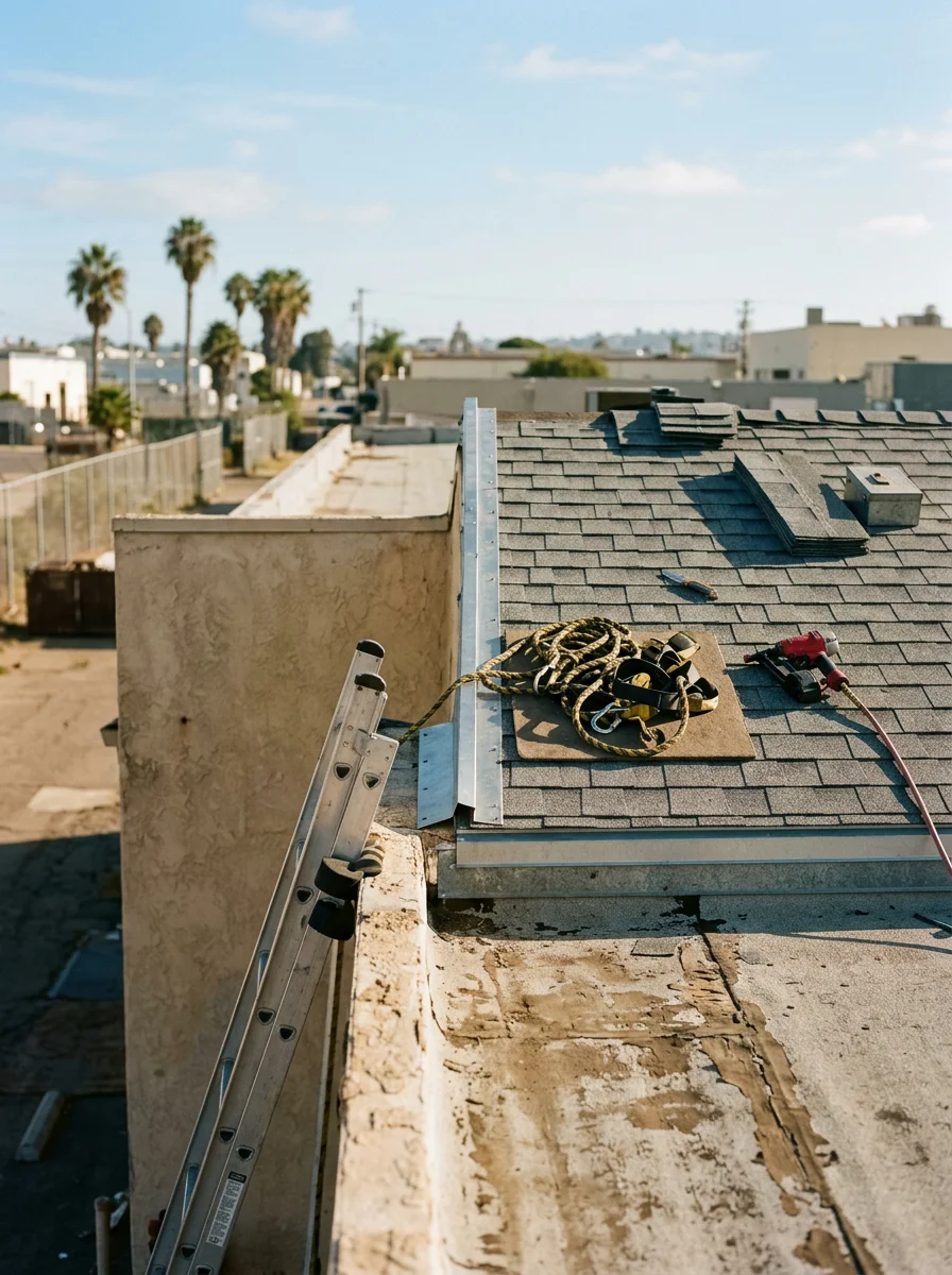F-CON roofing crew performing maintenance on National City commercial property
