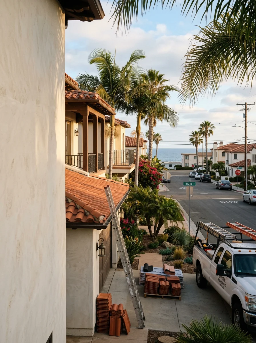 Oceanside beach community with modern homes and palm trees along the North County San Diego coast