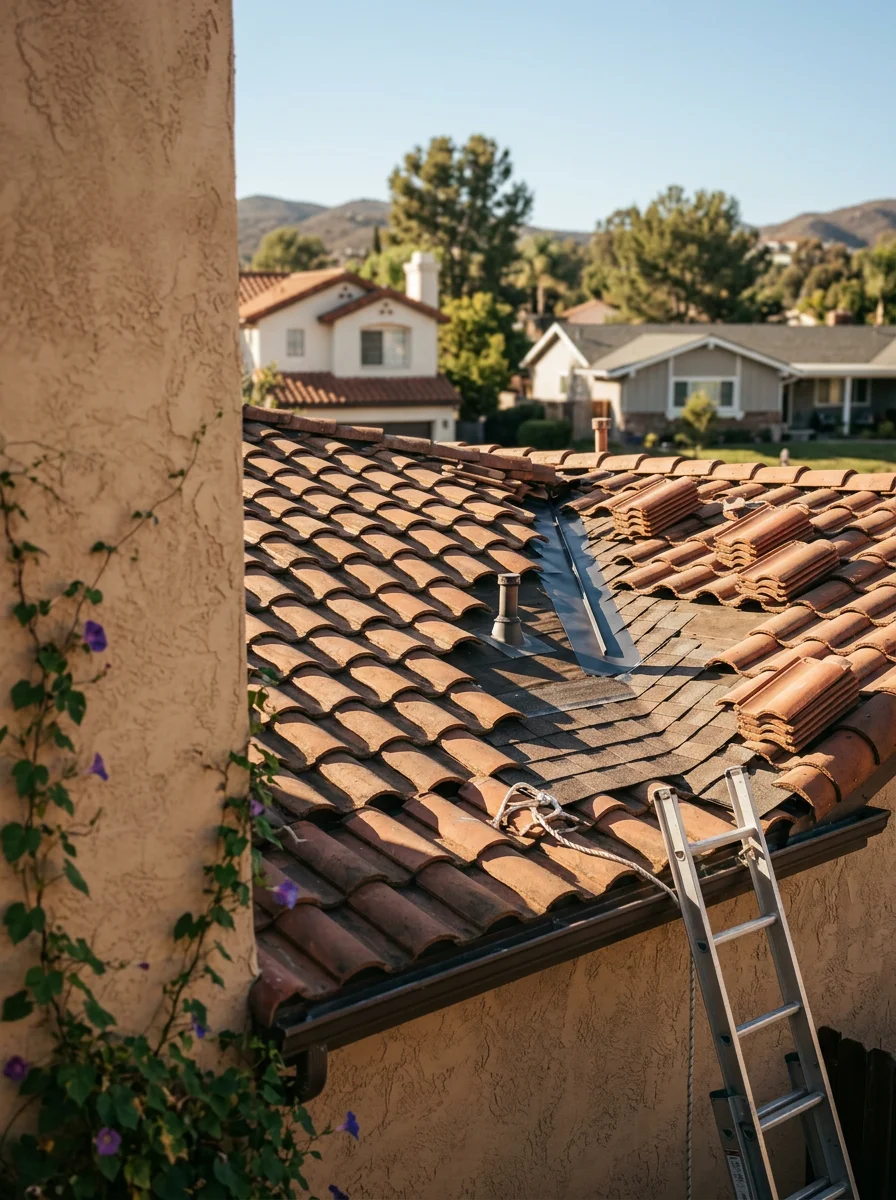 Professional roofing contractor working on residential home in Poway with city views in background