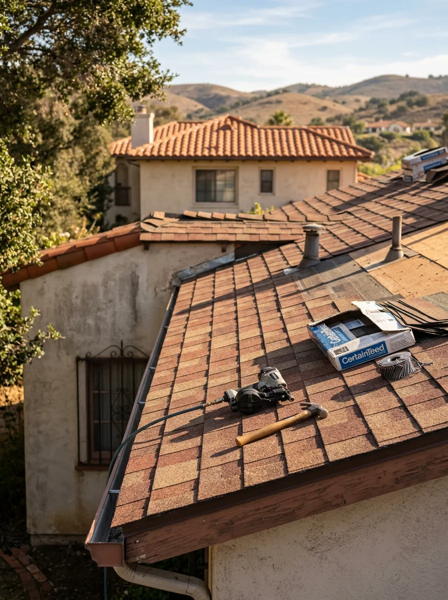 Professional roofing contractor working on residential home in Ramona