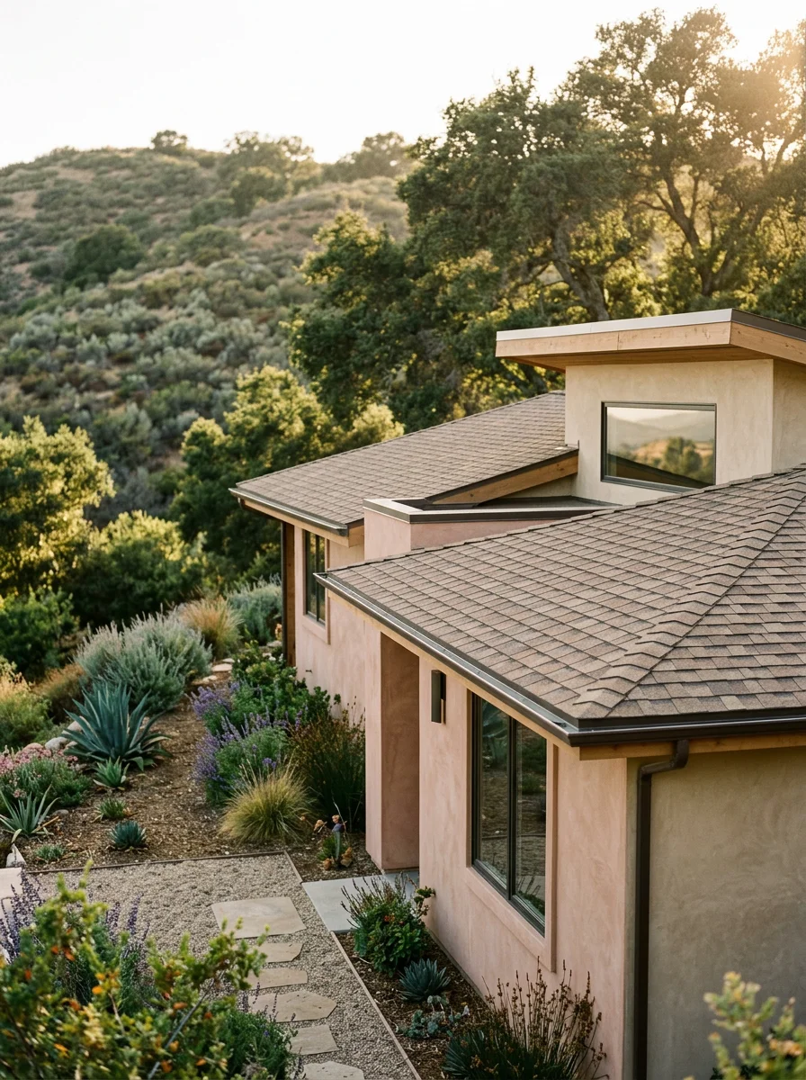 Modern Rancho Bernardo home with professional roofing and landscaping in the foothills