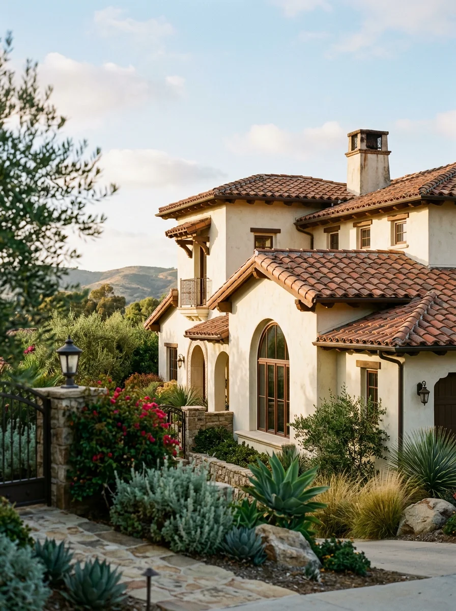 Mediterranean-style home with manicured grounds in Rancho Santa Fe