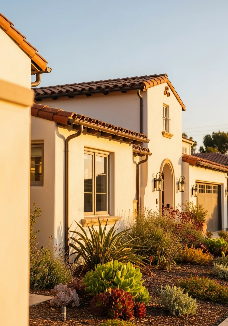 Close-up of a San Diego home's exterior with coastal-style architecture and well-maintained landscaping.