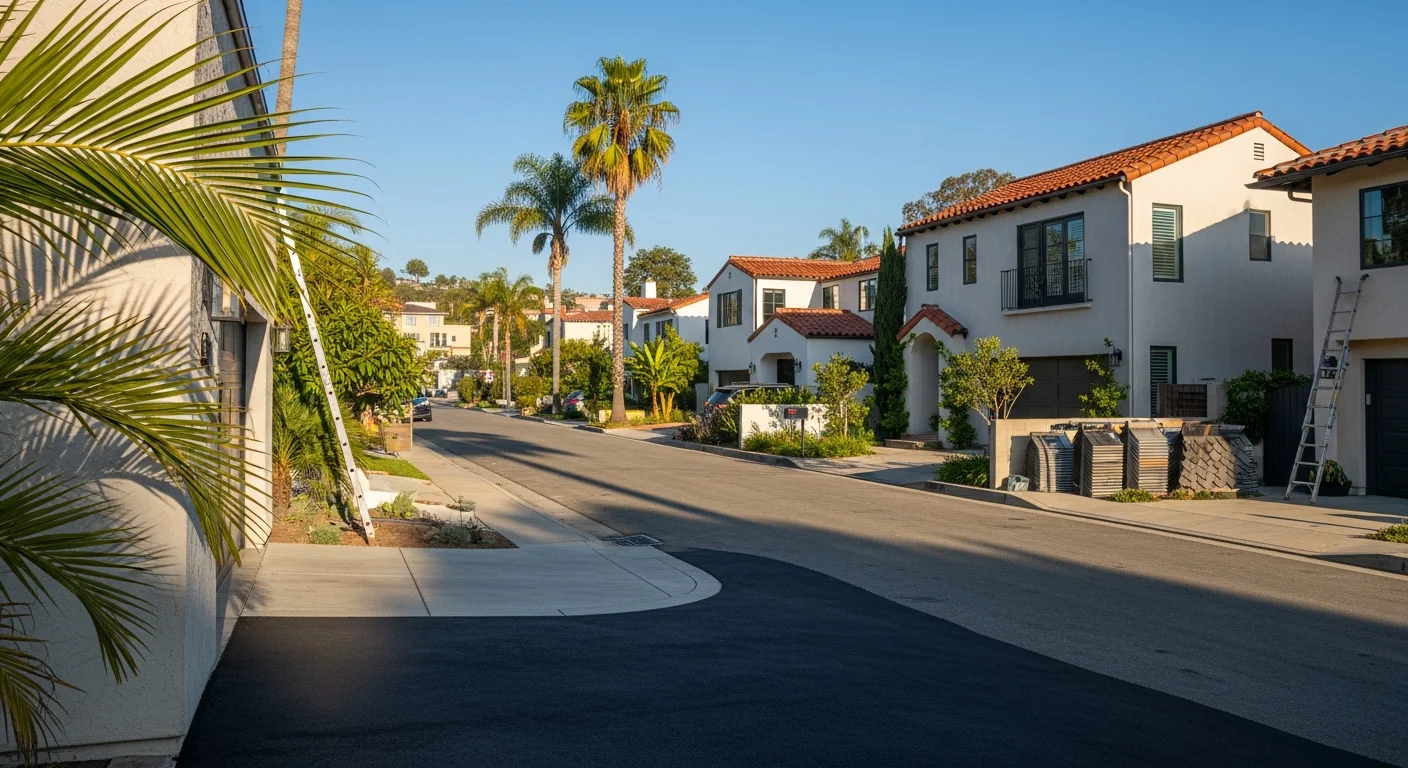Sunny San Diego residential street with palm trees, modern homes, and clear blue sky.