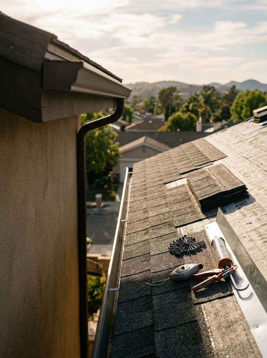 Professional roofing contractor working on residential roof installation in San Marcos