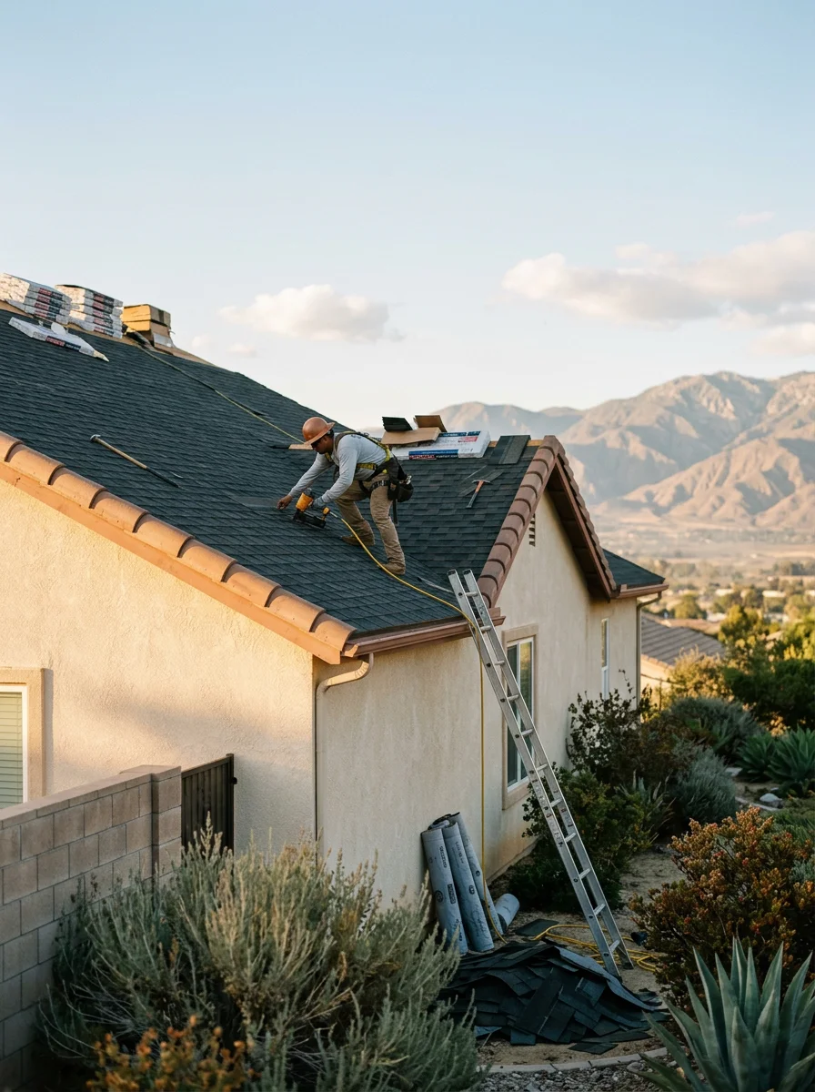 F-CON roofing crew installing heat-resistant shingles on Temecula home with mountains visible in background