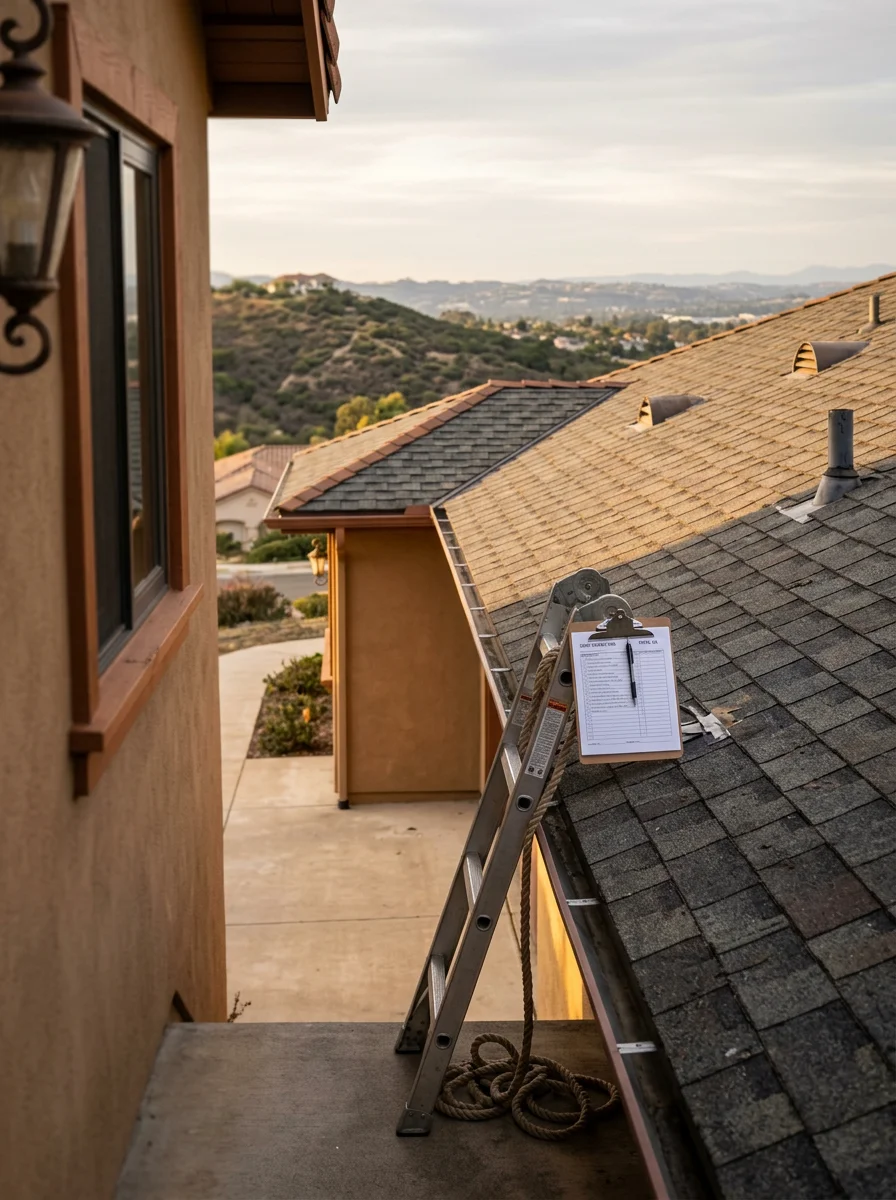 Professional roofing contractor inspecting residential roof in Vista with San Diego County landscape in background
