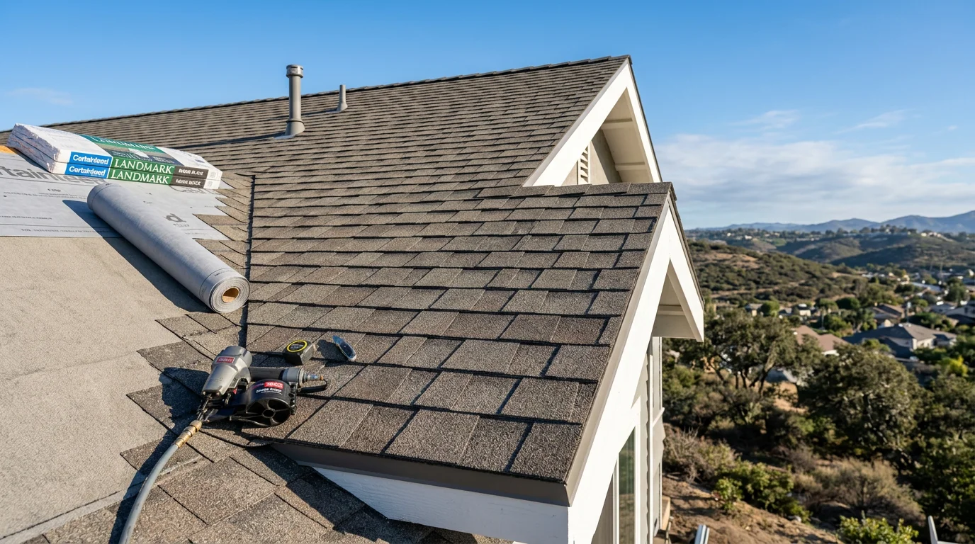 Newly installed architectural asphalt shingles on a residential home in San Diego, showing clean ridge lines and uniform shingle coursing across the full roof field. The surrounding neighborhood and clear Southern California sky are visible in the background.