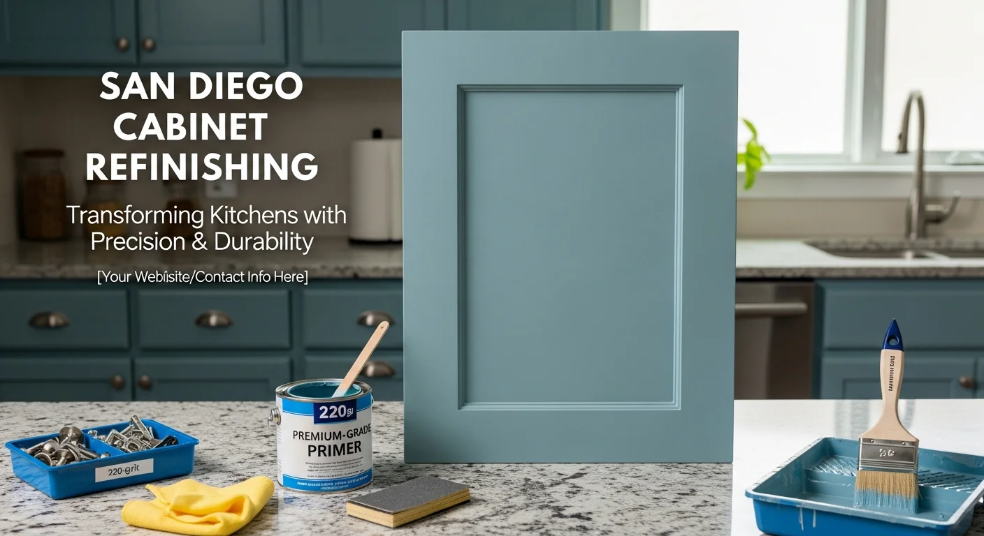 Freshly painted white kitchen cabinets in a San Diego home, showing smooth door fronts, clean edges, and reattached hardware after professional cabinet painting. Close-up view highlights the even finish on upper and lower cabinet boxes in a bright kitchen interior.