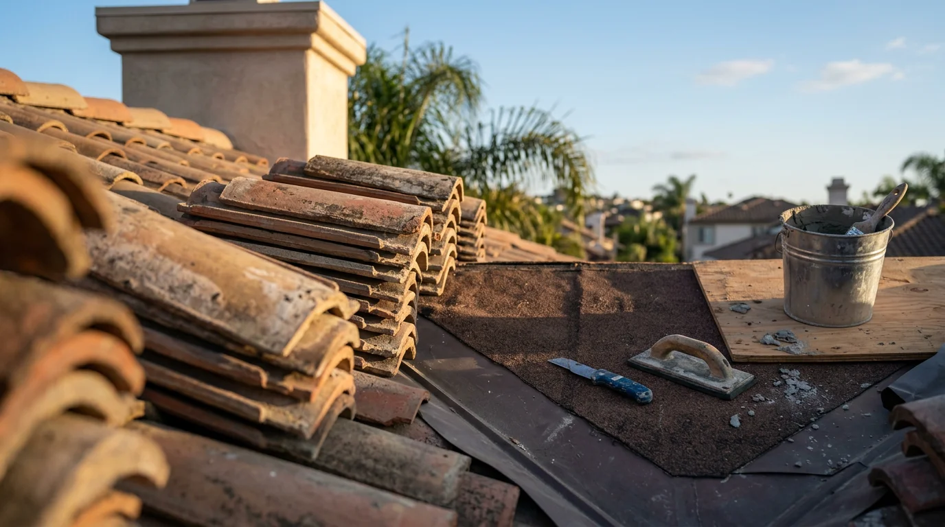 A clay tile roof with terracotta barrel tiles on a Spanish-style home in San Diego, showing a clean ridgeline and intact tile field against a clear Southern California sky. Close detail of the tile surface highlights the natural texture and warm color typical of clay tile roofing across San Diego communities.