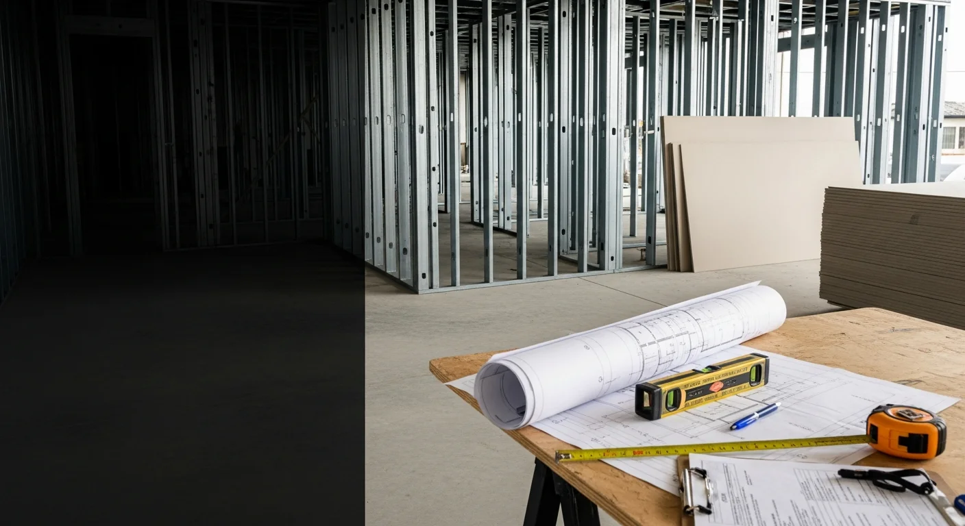 A completed commercial building interior in San Diego showing an open-plan workspace with finished concrete floors, framed partition walls, and overhead mechanical systems. The space reflects a ground-up tenant improvement build managed by a general contractor.