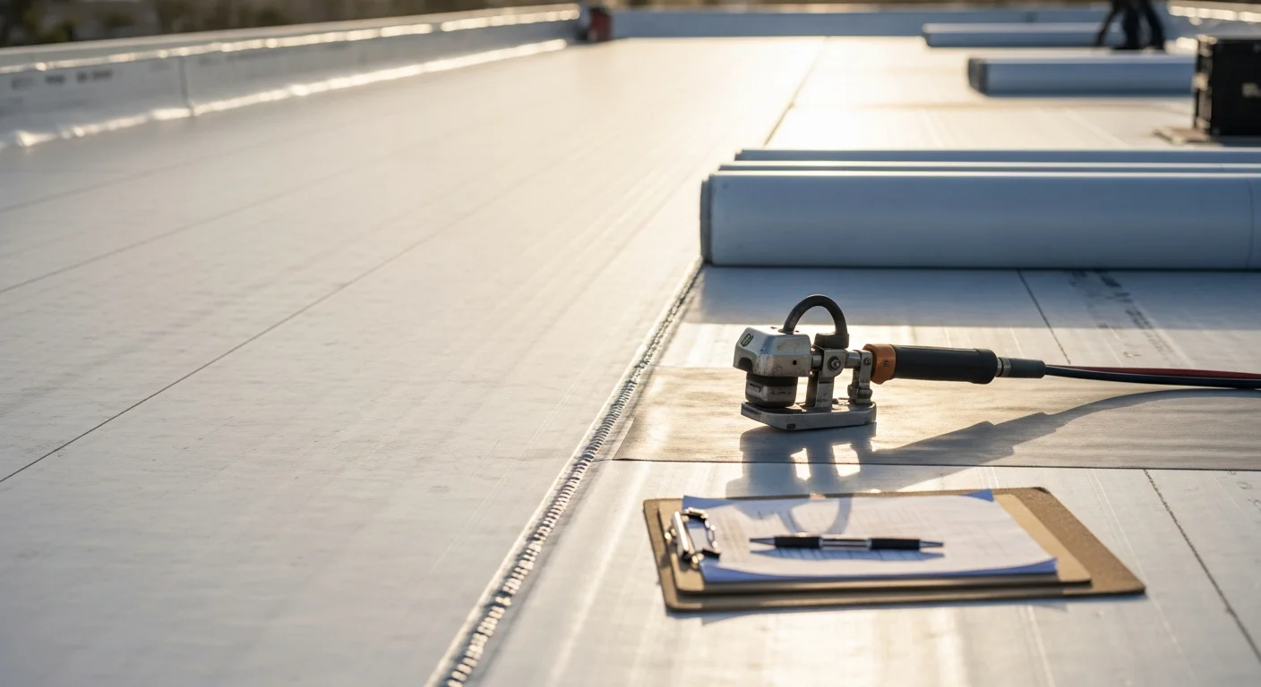 A flat commercial rooftop in San Diego showing a light-colored reflective membrane with rooftop HVAC units and clear drainage channels. F-CON commercial roofing installation on a low-slope building in the San Diego area.