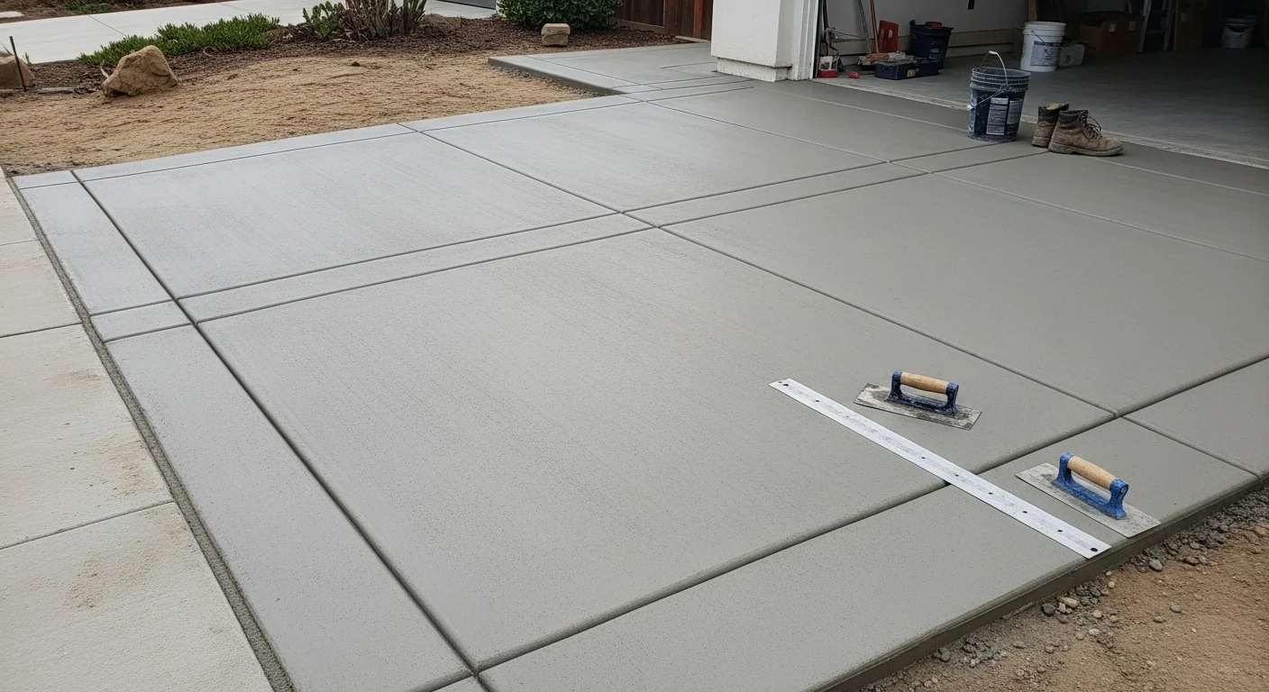 A freshly broom-finished concrete driveway at a San Diego residential property, showing clean edge lines and a uniform gray surface texture. The surrounding landscape reflects a typical Southern California outdoor setting with warm, dry conditions.