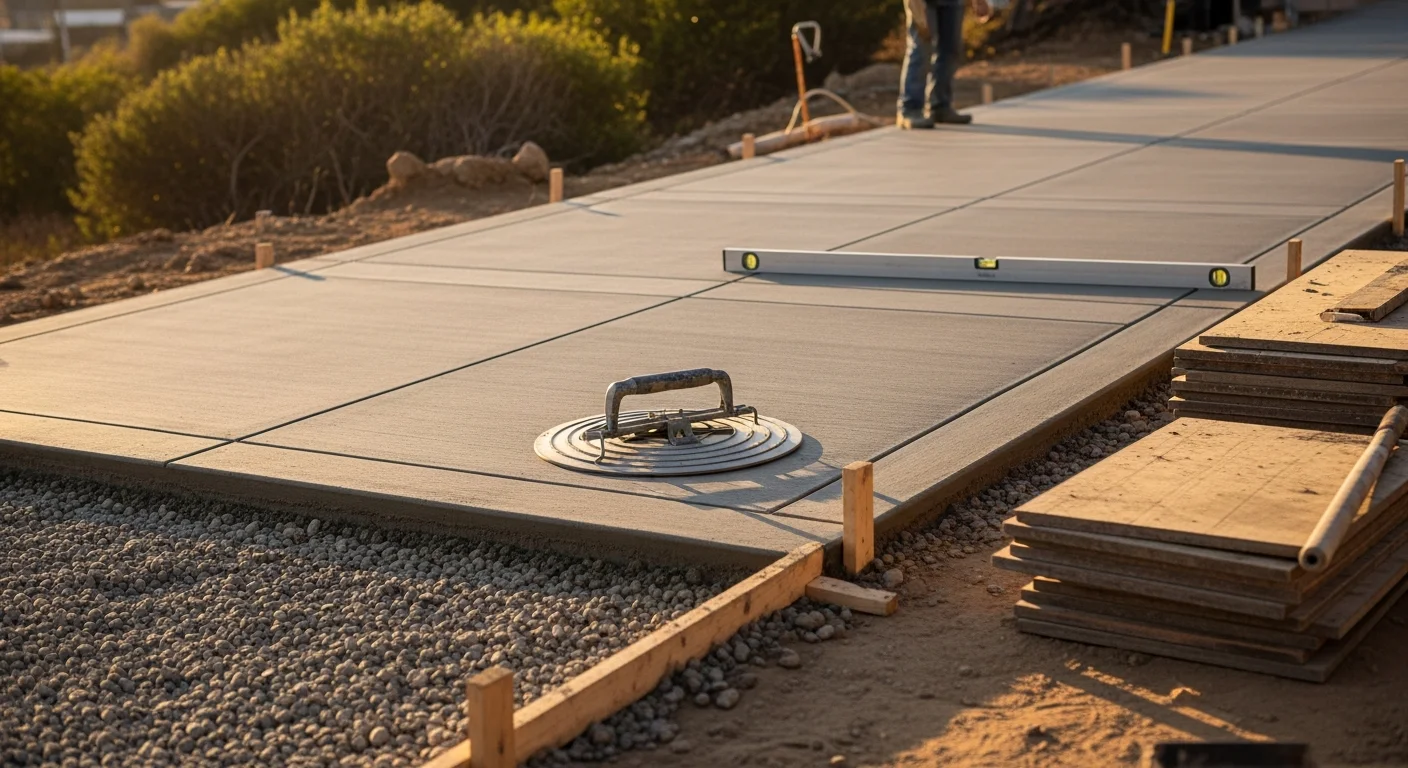 Freshly poured and finished concrete driveway at a San Diego residential property, showing a smooth broom-finished surface with clean edges and proper slope away from the garage. A concrete contractor levels the surface during installation on a clear Southern California day.