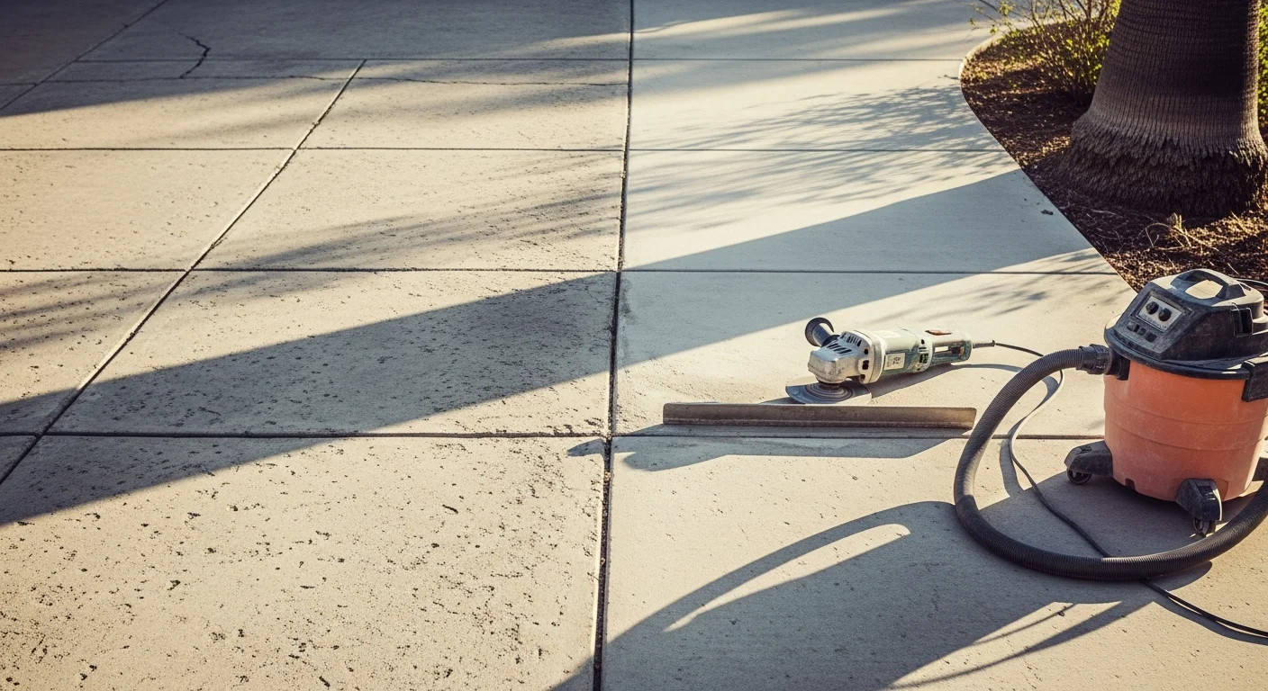 A repaired concrete driveway in San Diego showing a smooth, level surface with sealed cracks and clean edges. The finished slab sits flush with the surrounding pavement on a residential property.