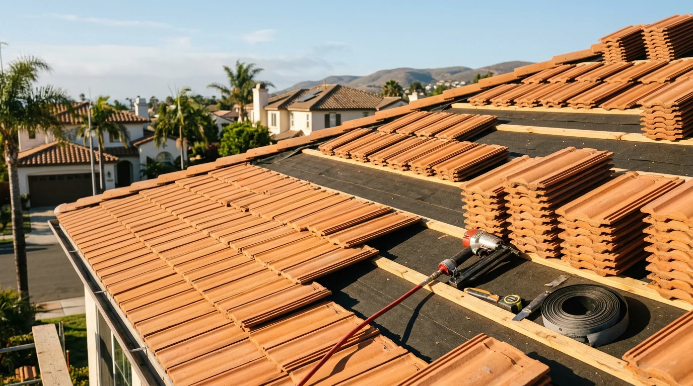 Freshly installed concrete tile roof on a Spanish-style home in San Diego, with uniform tile rows and clean ridge lines visible against a clear Southern California sky. Close-up view shows the texture and profile of the concrete tiles on a residential property in the San Diego area.