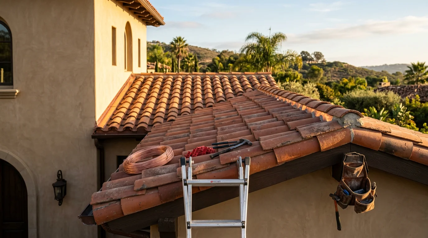 A custom tile roof installed on a Spanish-style home in San Diego, showing precise ridge line work and clean flashing details against a clear Southern California sky. The roofline follows the home's original architectural profile across multiple pitches and valleys.