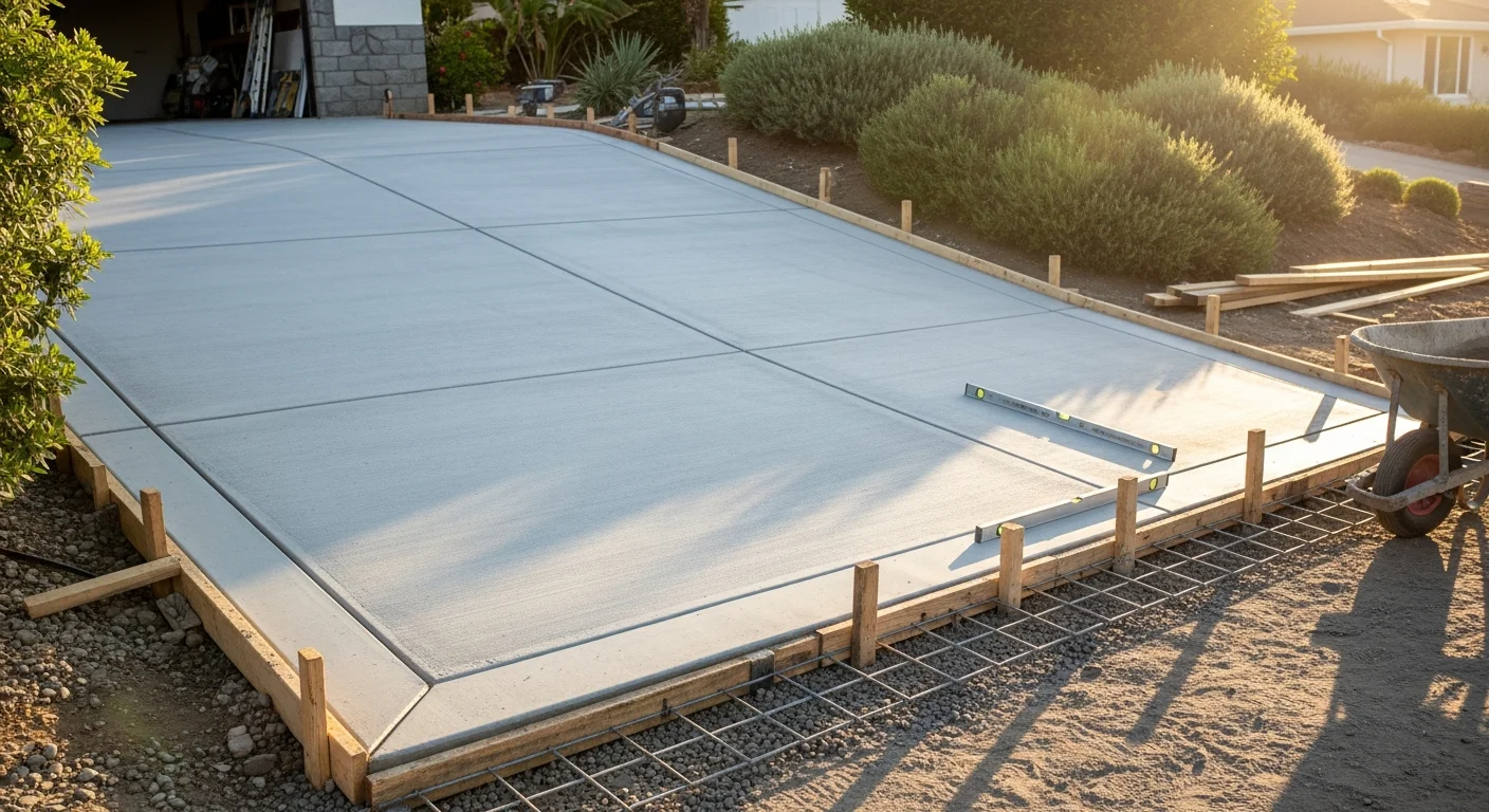 Freshly poured and broom-finished concrete driveway at a single-family home in San Diego, showing clean formed edges, a two-car width layout, and proper slope away from the garage. The slab surface is smooth and uniform with visible control joints running across the width.