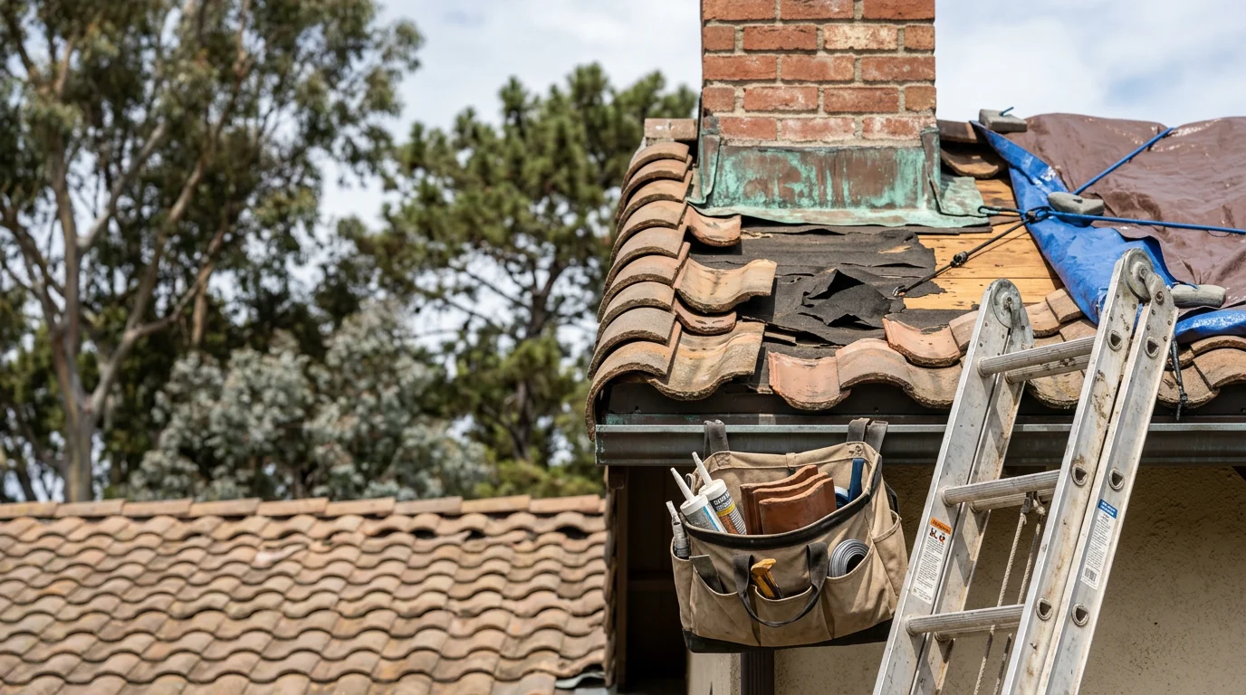A roofing contractor from F-Con inspecting wind-damaged roof tiles on a San Diego residential home after a Santa Ana wind event. Missing tiles and exposed underlayment are visible along the roof ridge.