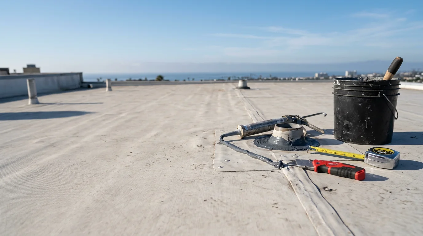 A flat roof on a San Diego residential property showing completed membrane repair work at the seams and flashing around a rooftop penetration. The repaired surface is clean and watertight against a clear Southern California sky.