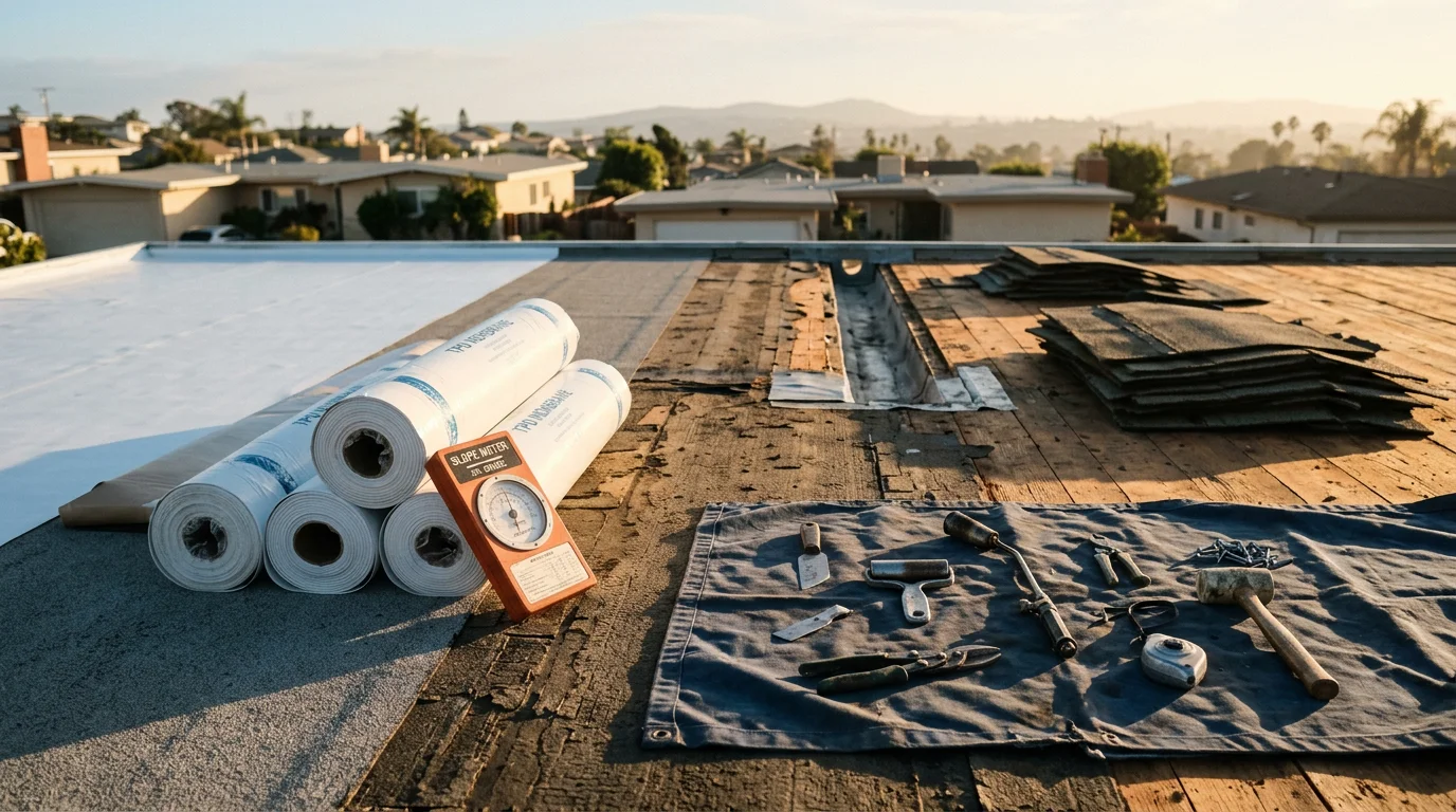 A completed flat roof replacement on a modern San Diego home, showing a clean, smooth membrane surface with properly positioned drains and new edge flashing under clear Southern California skies.