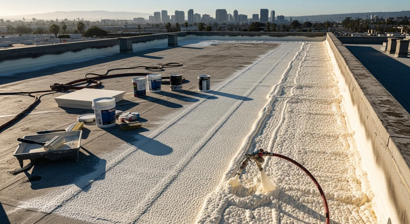 A completed spray polyurethane foam roof on a flat-roofed commercial building in San Diego, showing a smooth white elastomeric coating applied over the cured foam surface. The reflective white finish contrasts against the surrounding rooftop under clear Southern California sky.