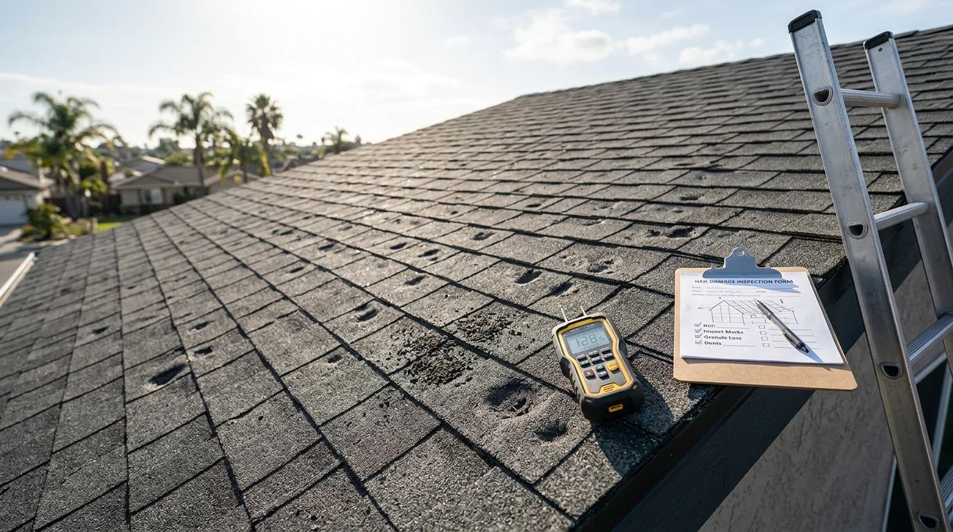 Close-up of a San Diego residential roof showing cracked clay tiles and impact marks from hail damage, with a roofing contractor inspecting the surface. The surrounding neighborhood and clear Southern California sky are visible in the background.