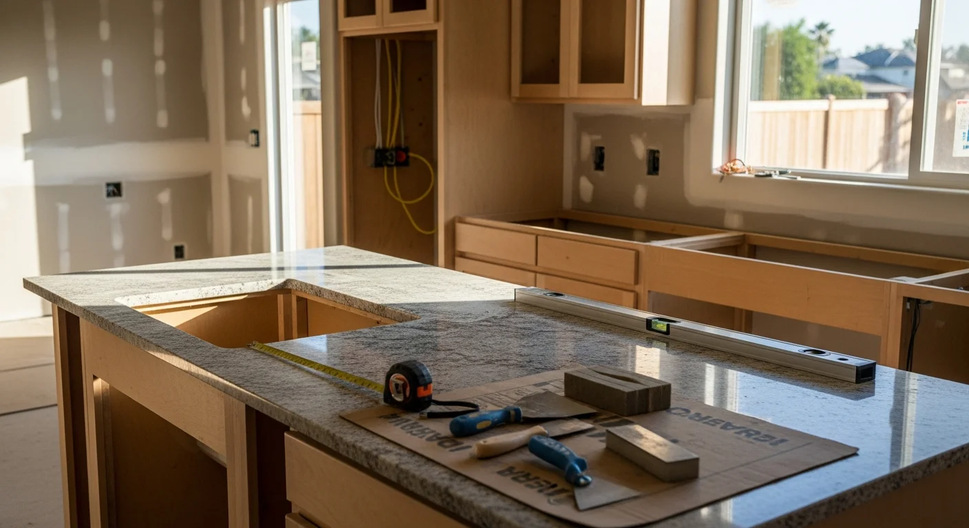 Remodeled kitchen in a San Diego home featuring new cabinetry, updated countertops, and recessed lighting over a functional island layout. General contractor finish work visible in cabinet trim, flooring, and backsplash installation.