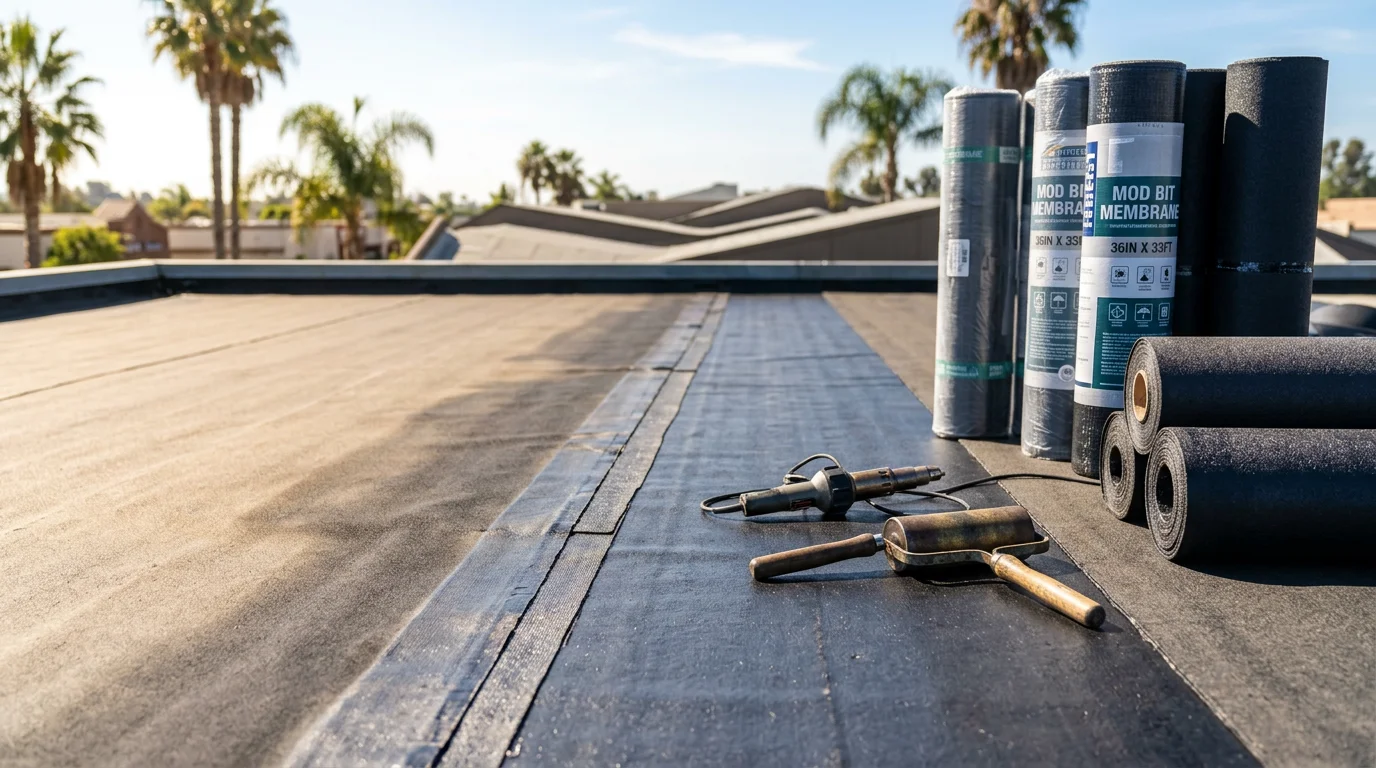 A completed modified bitumen roof installation on a flat residential property in San Diego, showing a smooth, tightly sealed membrane surface with clean flashing details along the parapet edge.