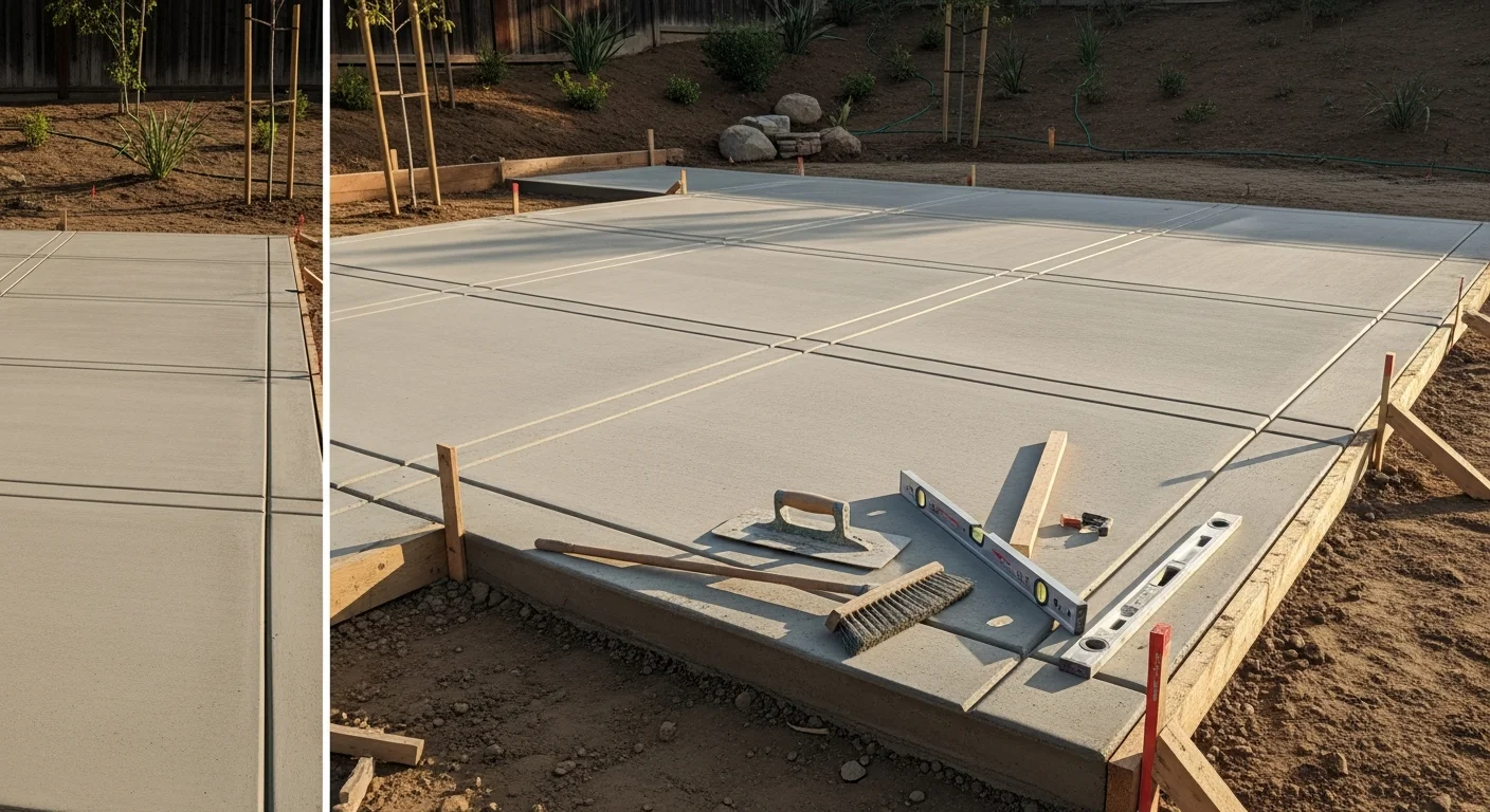 A freshly poured and finished concrete patio slab in a San Diego residential backyard, showing clean control joints, a broom-textured surface, and proper slope away from the home's rear foundation.