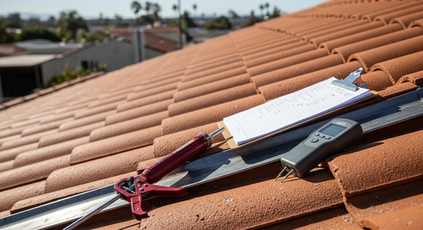 A roofing contractor inspecting tile flashing and gutter drainage on a residential roof in San Diego. Close-up view showing weathered roofing materials under clear Southern California sunlight.