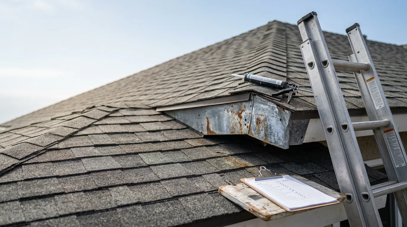 F-Con roofing technician inspecting flashing and sealants on a residential roof in San Diego during a preventative maintenance visit. Coastal neighborhood rooftops and clear blue sky visible in the background.