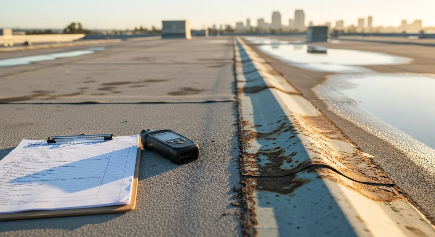 A commercial rooftop in San Diego being inspected by a roofing contractor as part of a roof asset management assessment. The flat roof shows documented condition markings and a drainage area under review in a coastal Southern California setting.