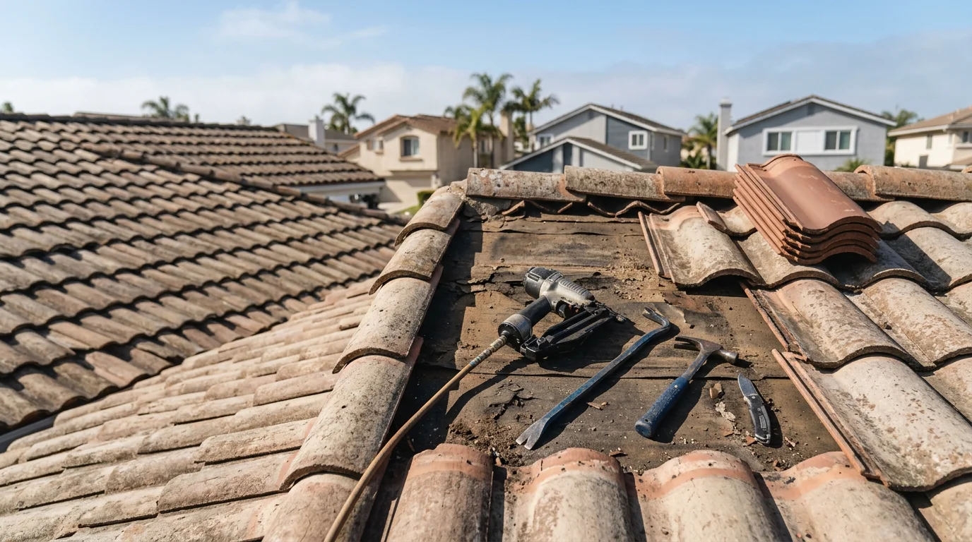 A San Diego roofing contractor repairing cracked clay tiles and damaged flashing on a residential roof. Coastal neighborhood homes are visible in the background under clear Southern California skies.