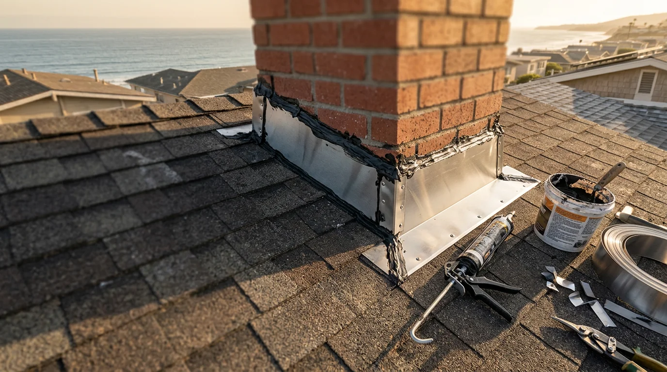 A roofing contractor repairing metal step flashing along a chimney on a residential home in San Diego. Close-up view shows the sealed joint between the flashing and the roofing surface on a sunny Southern California day.