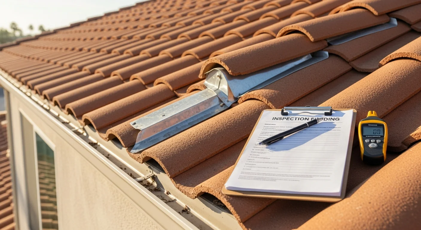 An F-CON roofing contractor inspecting clay tile roof surfaces and flashing on a residential home in San Diego. The inspector examines seals around a rooftop vent against a clear blue sky.