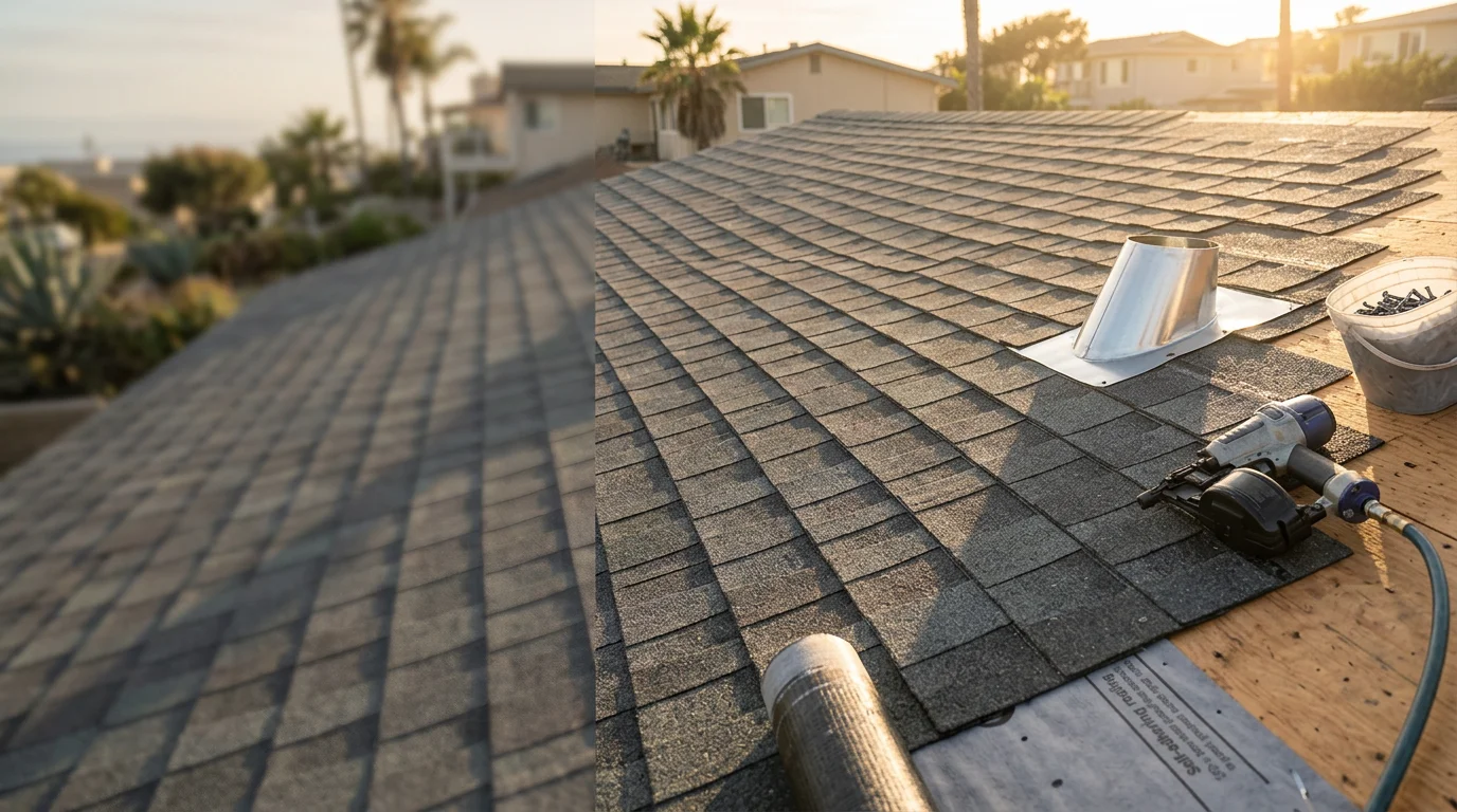 A newly installed residential roof on a San Diego home, showing clean tile work and properly sealed ridge lines against a clear Southern California sky. The surrounding neighborhood reflects the Spanish and Mediterranean architectural styles common across San Diego County.
