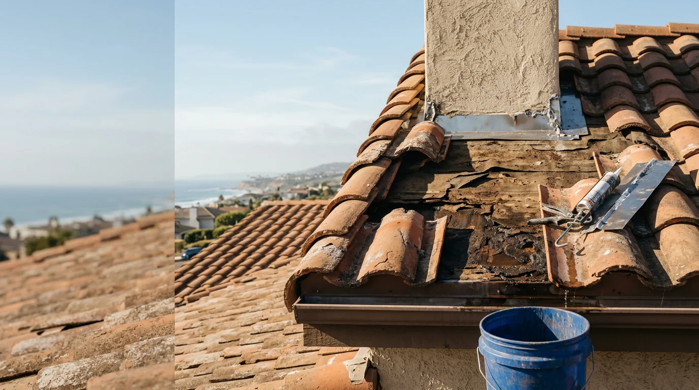 A roofing professional from F-Con inspecting and repairing damaged flashing around a chimney on a tile roof in a San Diego residential neighborhood. Close-up view shows weathered roofing materials typical of Southern California coastal climate conditions.